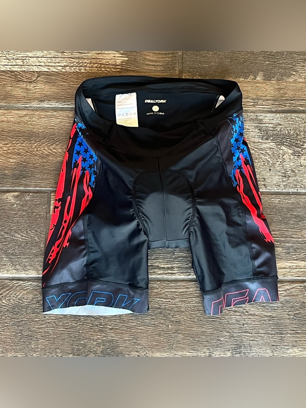 Dealyork padded bicycle bike shorts with American Flag side stripes L